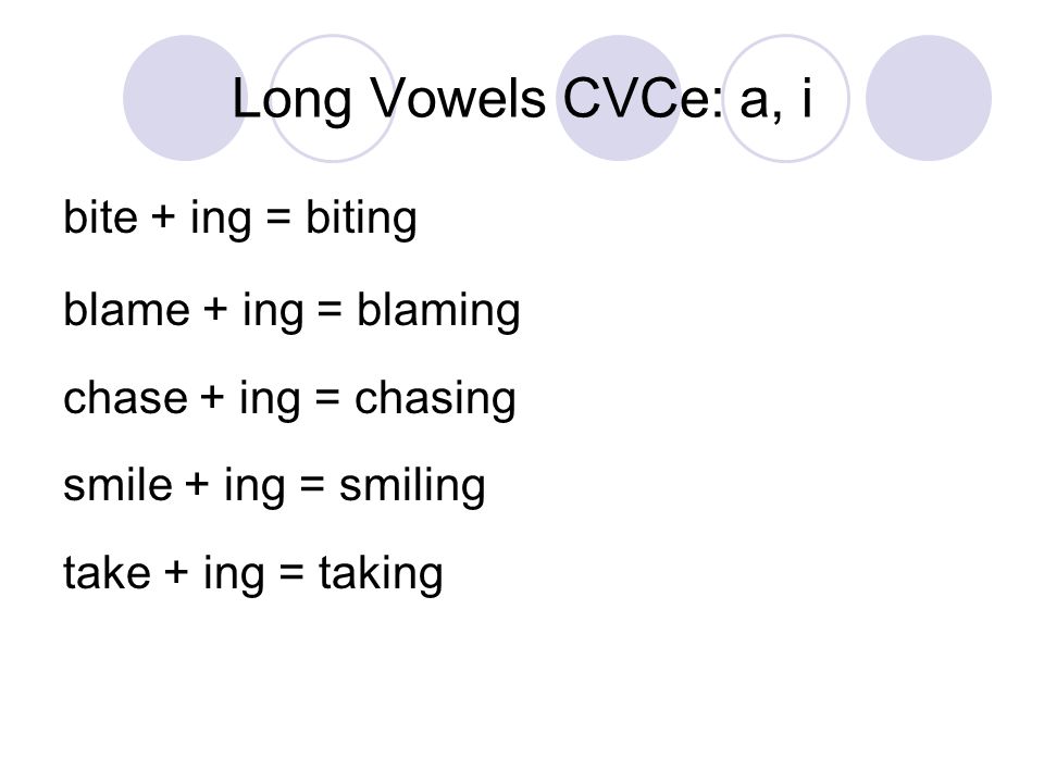 Long Vowels CVCe: a, i bite + ing = biting blame + ing = blaming chase + ing = chasing smile + ing = smiling take + ing = taking