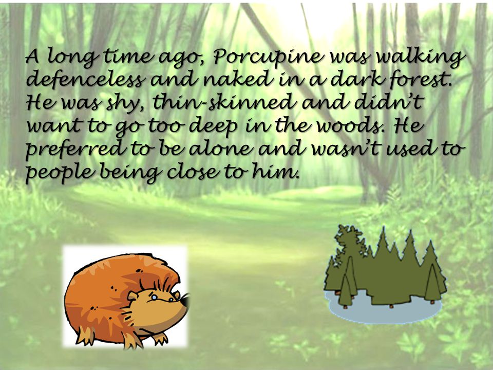 A long time ago, Porcupine was walking defenceless and naked in a dark forest.