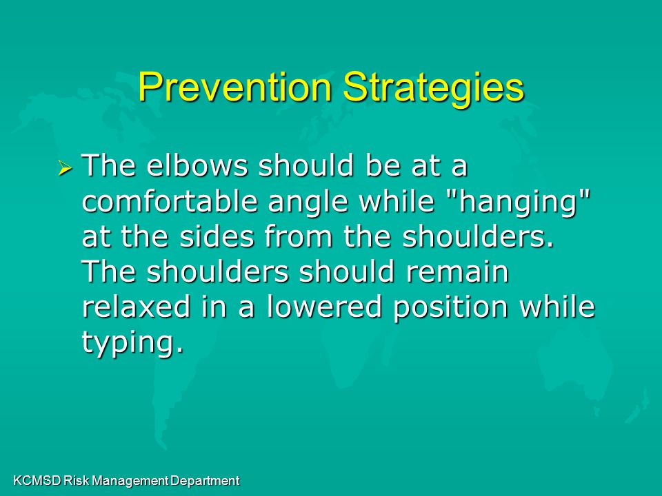 KCMSD Risk Management Department Prevention Strategies  The elbows should be at a comfortable angle while hanging at the sides from the shoulders.