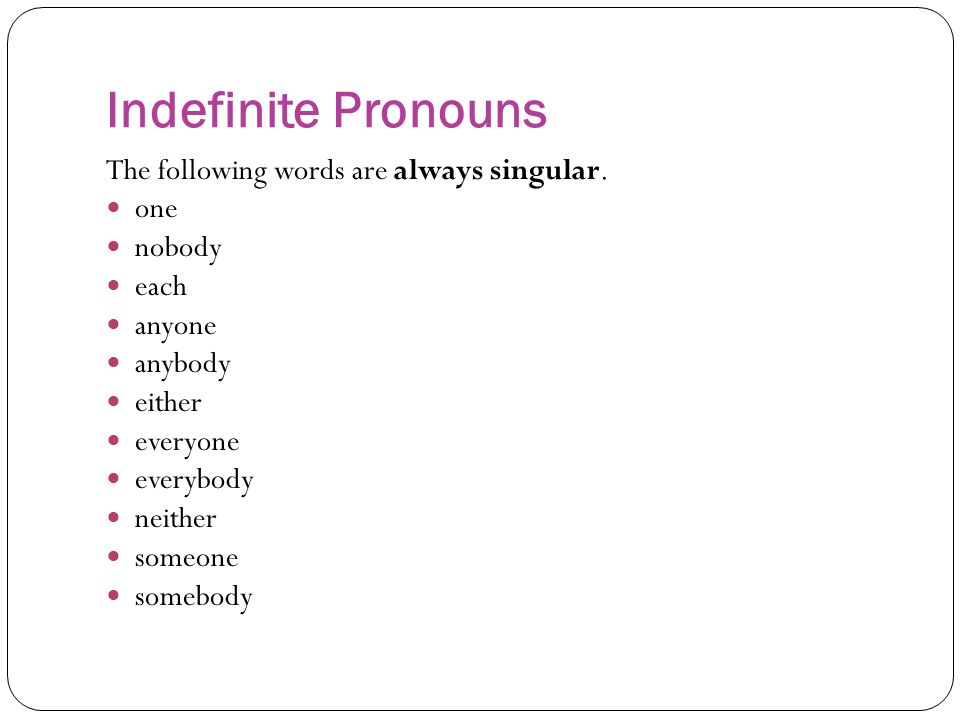 Indefinite Pronouns The following words are always singular.