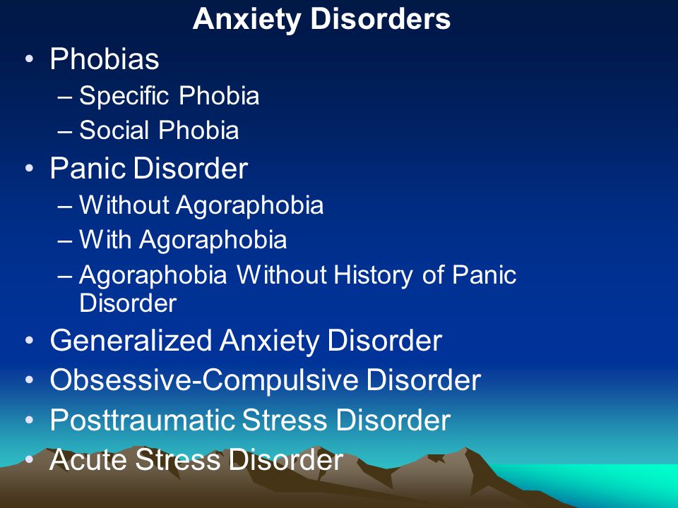 Anxiety Disorders Phobias –Specific Phobia –Social Phobia Panic Disorder –Without Agoraphobia –With Agoraphobia –Agoraphobia Without History of Panic Disorder Generalized Anxiety Disorder Obsessive-Compulsive Disorder Posttraumatic Stress Disorder Acute Stress Disorder