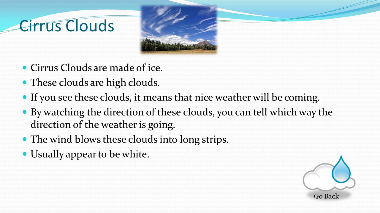 Types of Clouds Cirrus Clouds Stratus Clouds Cumulus Clouds Cumulonimbus Clouds Altostratus Clouds Altocumlus Clouds Stratocumulus Clouds Cirrocumulus Clouds Take the Quiz Click each picture to learn about 8 different clouds.