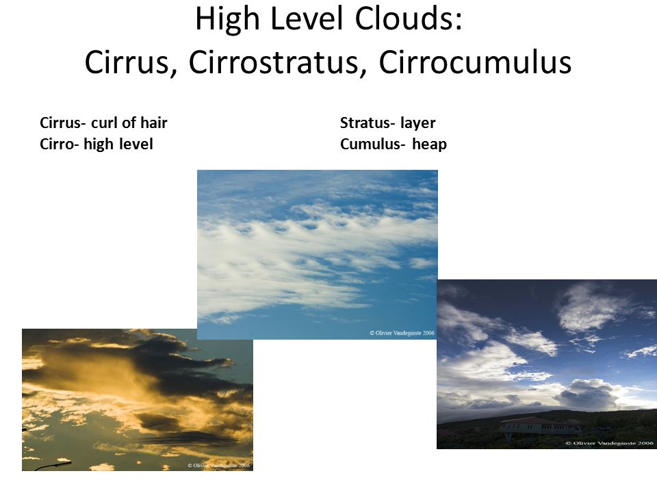 High Level Clouds: Cirrus, Cirrostratus, Cirrocumulus Cirrus- curl of hair Cirro- high level Stratus- layer Cumulus- heap