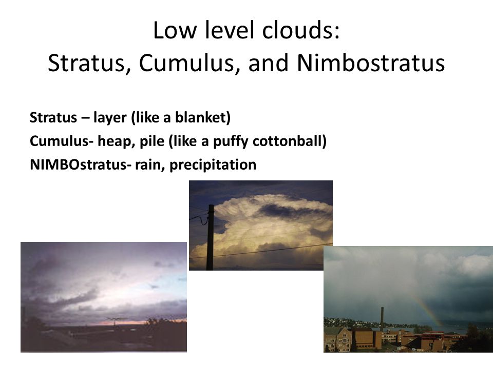 Low level clouds: Stratus, Cumulus, and Nimbostratus Stratus – layer (like a blanket) Cumulus- heap, pile (like a puffy cottonball) NIMBOstratus- rain, precipitation