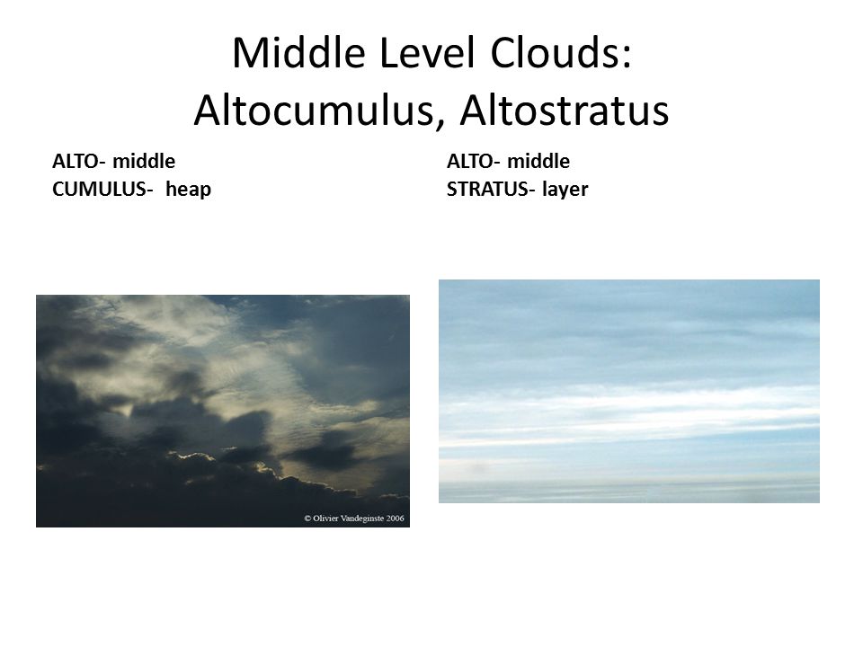 Middle Level Clouds: Altocumulus, Altostratus ALTO- middle CUMULUS- heap ALTO- middle STRATUS- layer