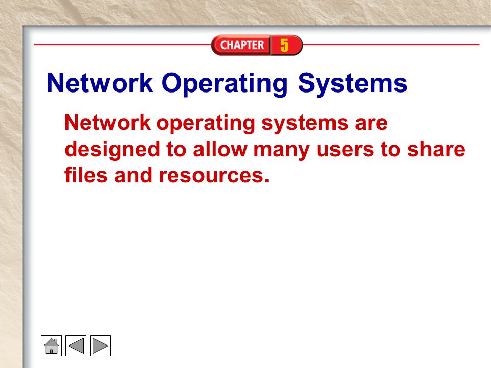 5 Network Operating Systems Network operating systems are designed to allow many users to share files and resources.