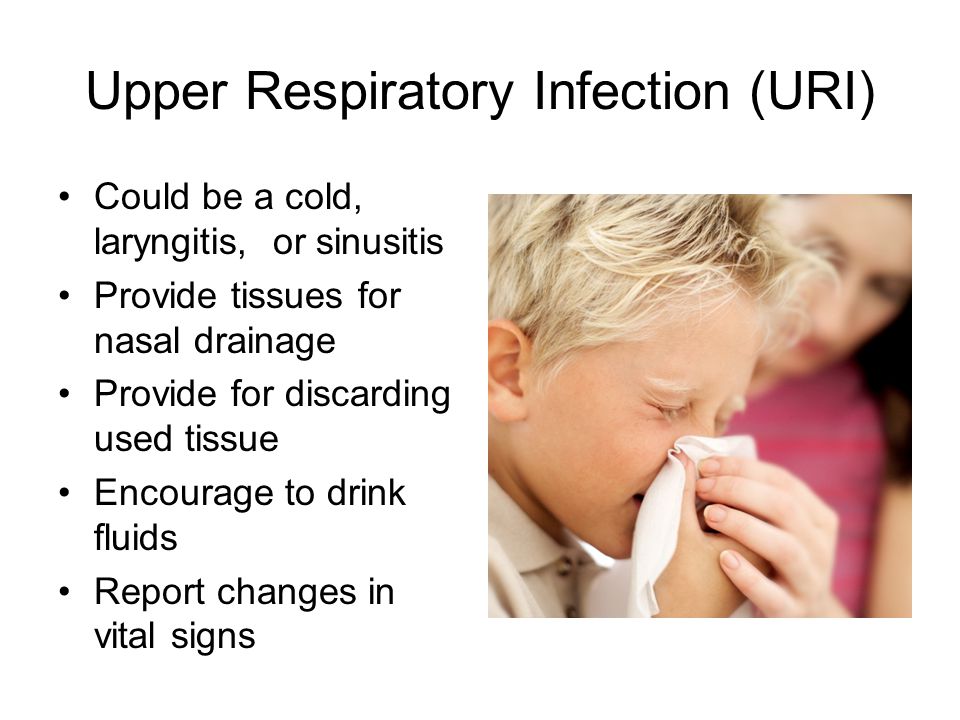 Upper Respiratory Infection (URI) Could be a cold, laryngitis, or sinusitis Provide tissues for nasal drainage Provide for discarding used tissue Encourage to drink fluids Report changes in vital signs