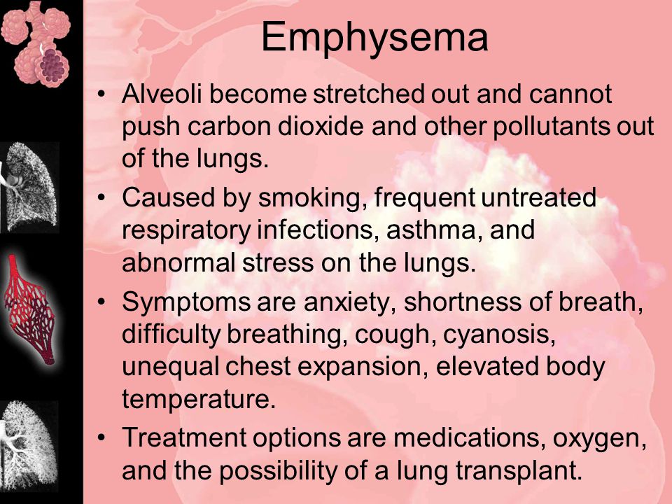 Emphysema Alveoli become stretched out and cannot push carbon dioxide and other pollutants out of the lungs.