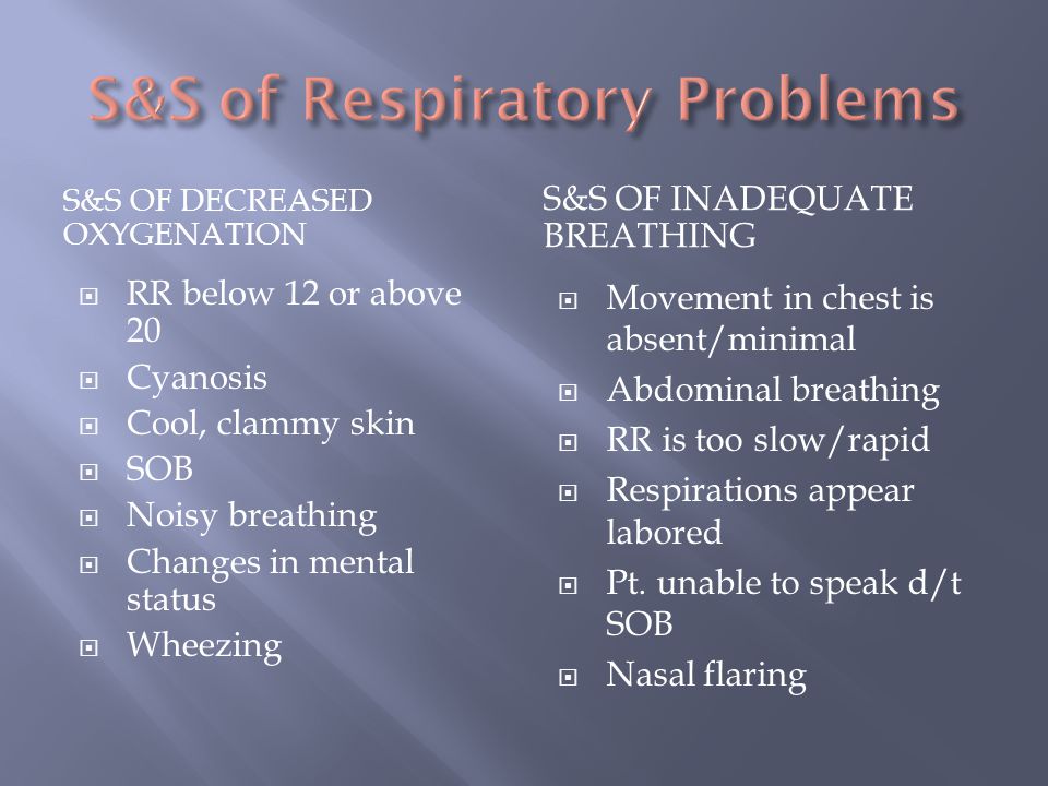 S&S OF DECREASED OXYGENATION S&S OF INADEQUATE BREATHING  RR below 12 or above 20  Cyanosis  Cool, clammy skin  SOB  Noisy breathing  Changes in mental status  Wheezing  Movement in chest is absent/minimal  Abdominal breathing  RR is too slow/rapid  Respirations appear labored  Pt.
