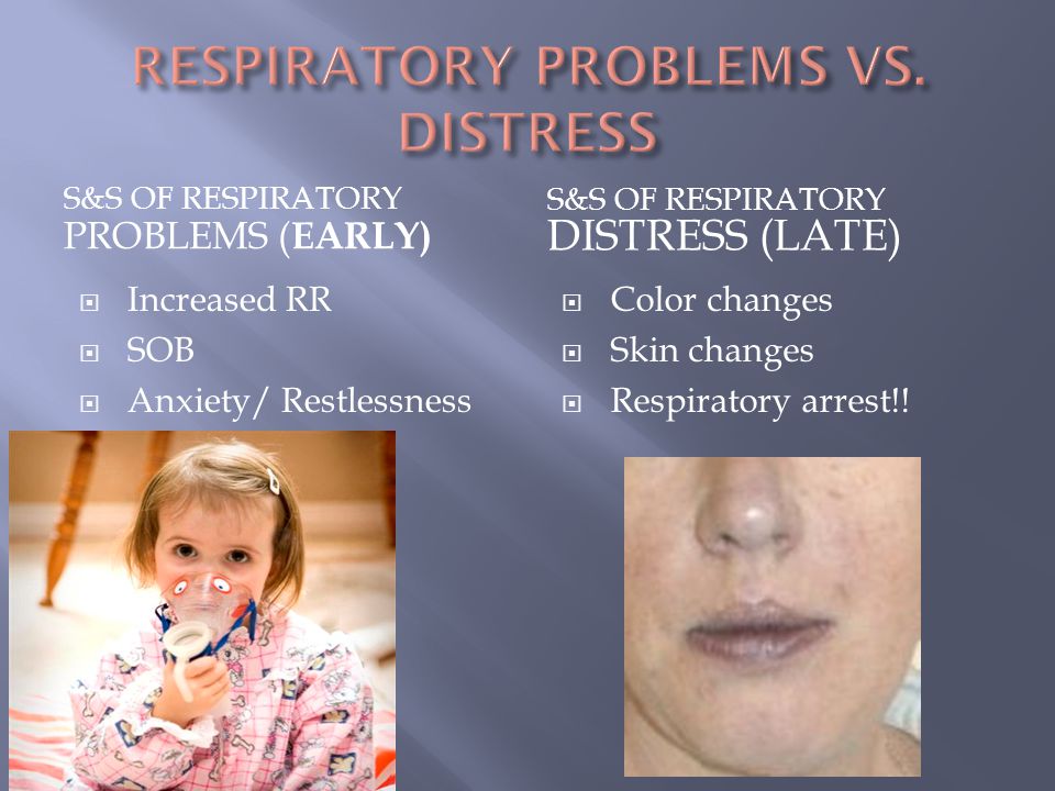 S&S OF RESPIRATORY PROBLEMS ( EARLY) S&S OF RESPIRATORY DISTRESS (LATE)  Increased RR  SOB  Anxiety/ Restlessness  Color changes  Skin changes  Respiratory arrest!!