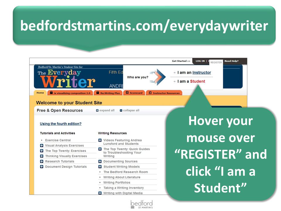 bedfordstmartins.com/everydaywriter Hover your mouse over REGISTER and click I am a Student