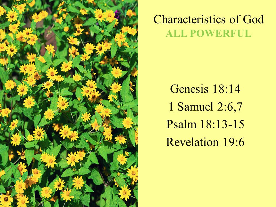 Characteristics of God ALL POWERFUL Genesis 18:14 1 Samuel 2:6,7 Psalm 18:13-15 Revelation 19:6