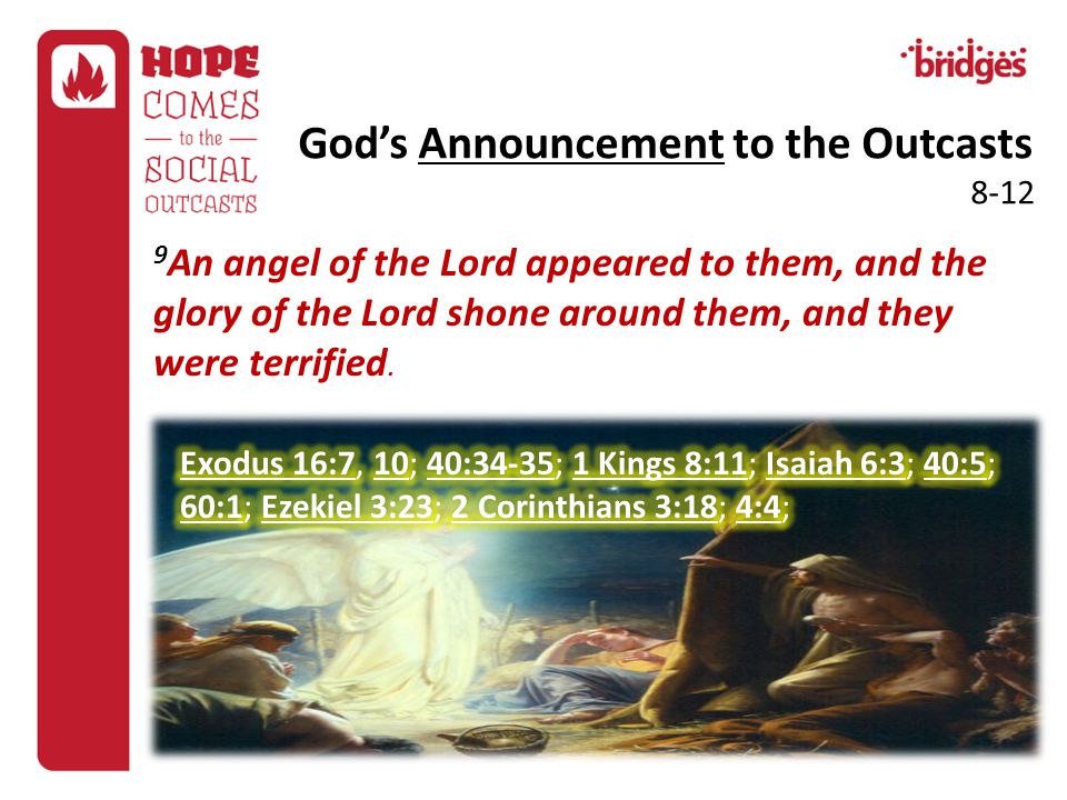 God’s Announcement to the Outcasts An angel of the Lord appeared to them, and the glory of the Lord shone around them, and they were terrified.