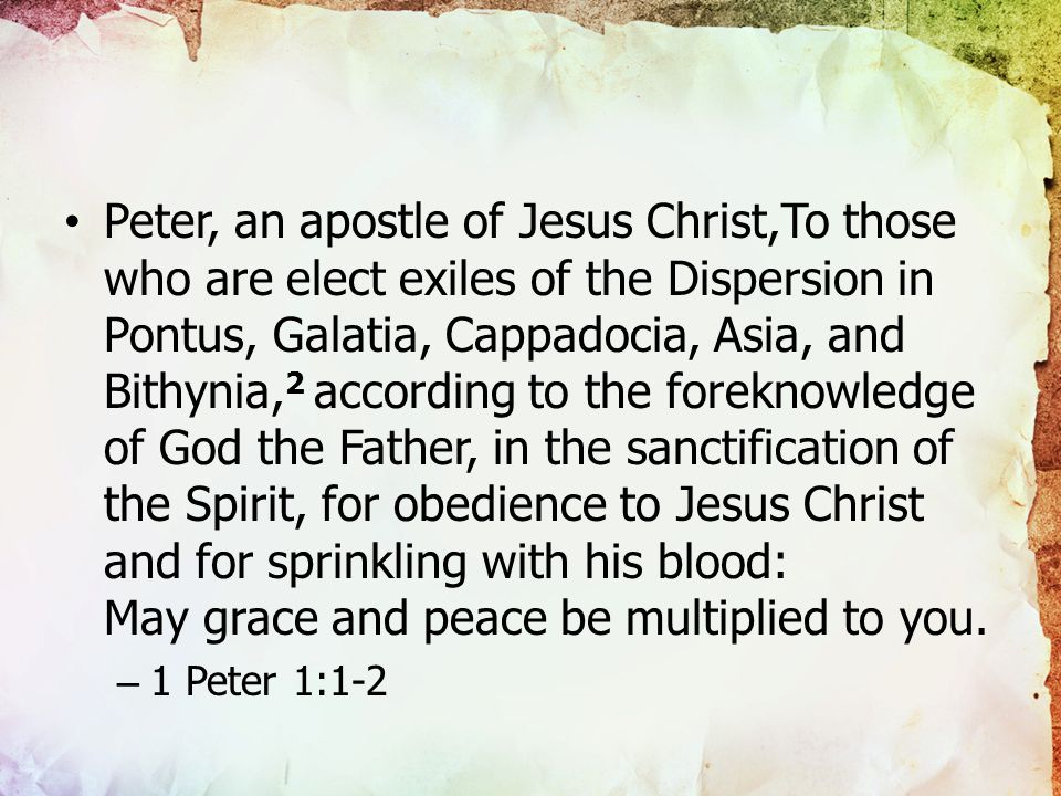 Peter, an apostle of Jesus Christ,To those who are elect exiles of the Dispersion in Pontus, Galatia, Cappadocia, Asia, and Bithynia, 2 according to the foreknowledge of God the Father, in the sanctification of the Spirit, for obedience to Jesus Christ and for sprinkling with his blood: May grace and peace be multiplied to you.