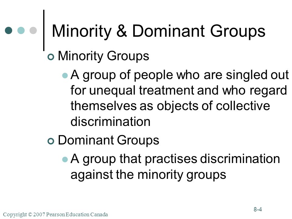 Copyright © 2007 Pearson Education Canada 8-4 Minority & Dominant Groups Minority Groups A group of people who are singled out for unequal treatment and who regard themselves as objects of collective discrimination Dominant Groups A group that practises discrimination against the minority groups