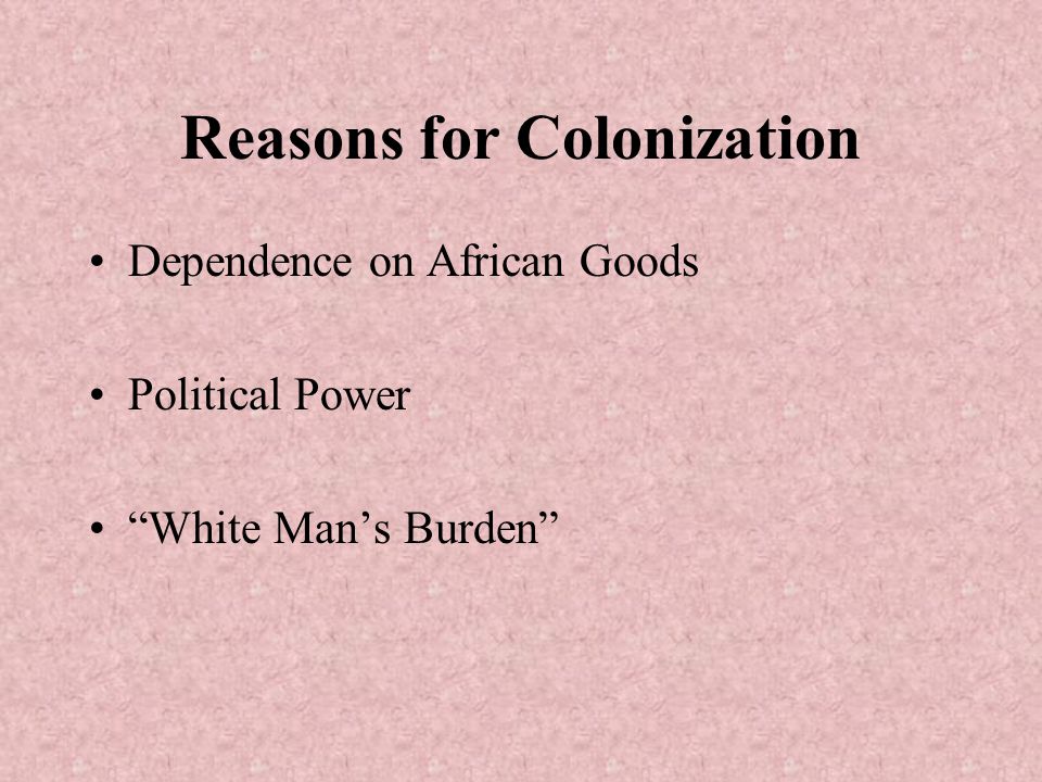 Reasons for Colonization Dependence on African Goods Political Power White Man’s Burden
