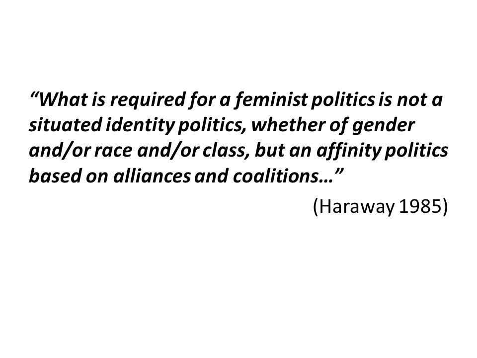 What is required for a feminist politics is not a situated identity politics, whether of gender and/or race and/or class, but an affinity politics based on alliances and coalitions… (Haraway 1985)