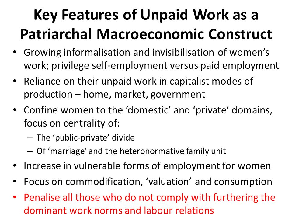 Key Features of Unpaid Work as a Patriarchal Macroeconomic Construct Growing informalisation and invisibilisation of women’s work; privilege self-employment versus paid employment Reliance on their unpaid work in capitalist modes of production – home, market, government Confine women to the ‘domestic’ and ‘private’ domains, focus on centrality of: – The ‘public-private’ divide – Of ‘marriage’ and the heteronormative family unit Increase in vulnerable forms of employment for women Focus on commodification, ‘valuation’ and consumption Penalise all those who do not comply with furthering the dominant work norms and labour relations