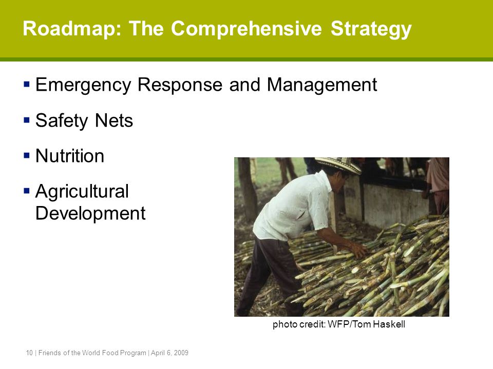 10 | Friends of the World Food Program | April 6, 2009 Roadmap: The Comprehensive Strategy  Emergency Response and Management  Safety Nets  Nutrition  Agricultural Development photo credit: WFP/Tom Haskell