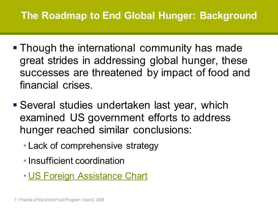 7 | Friends of the World Food Program | April 6, 2009 The Roadmap to End Global Hunger: Background  Though the international community has made great strides in addressing global hunger, these successes are threatened by impact of food and financial crises.