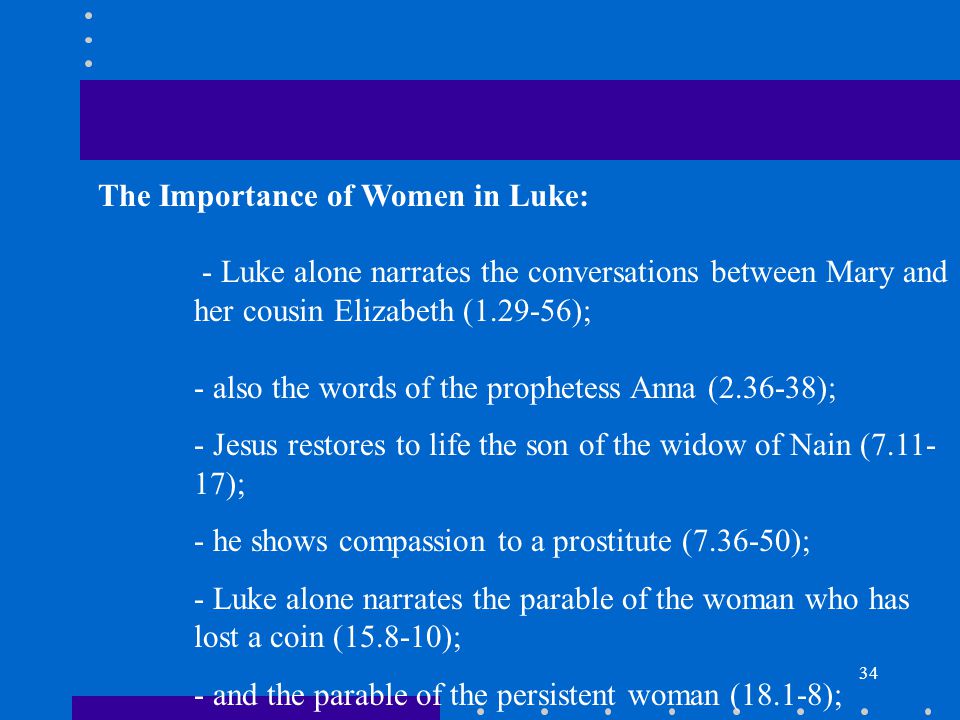 34 The Importance of Women in Luke: - Luke alone narrates the conversations between Mary and her cousin Elizabeth ( ); - also the words of the prophetess Anna ( ); - Jesus restores to life the son of the widow of Nain ( ); - he shows compassion to a prostitute ( ); - Luke alone narrates the parable of the woman who has lost a coin ( ); - and the parable of the persistent woman (18.1-8);