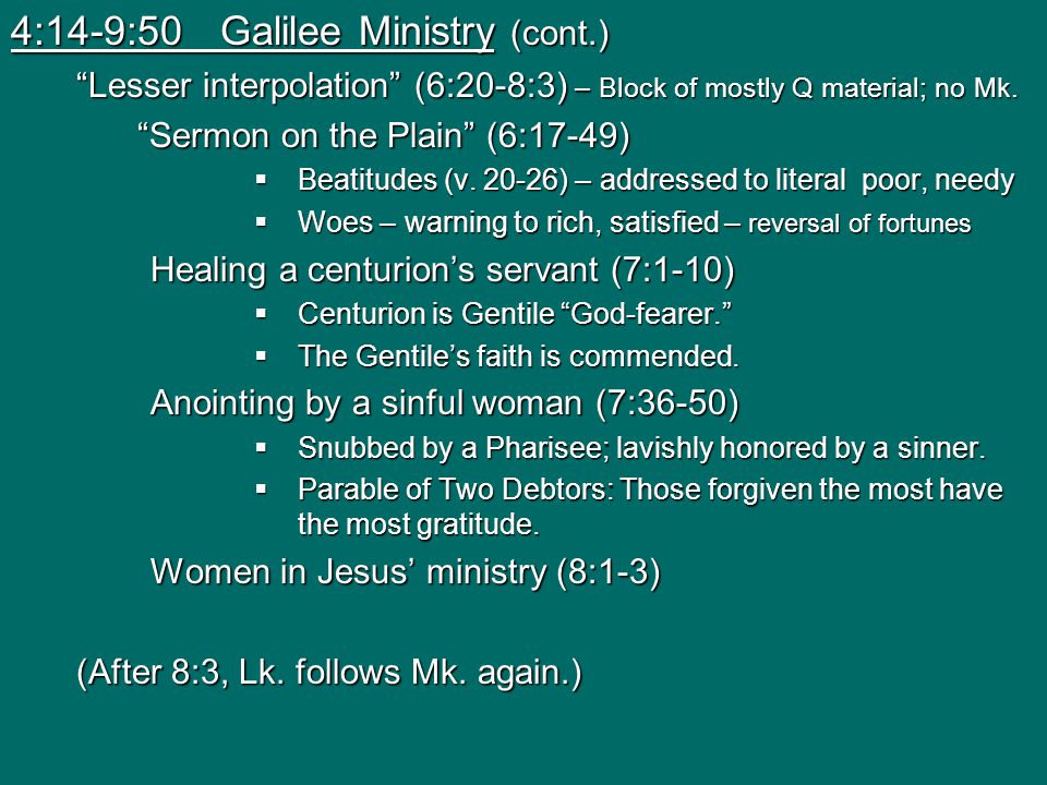 4:14-9:50Galilee Ministry (cont.) Lesser interpolation (6:20-8:3) – Block of mostly Q material; no Mk.