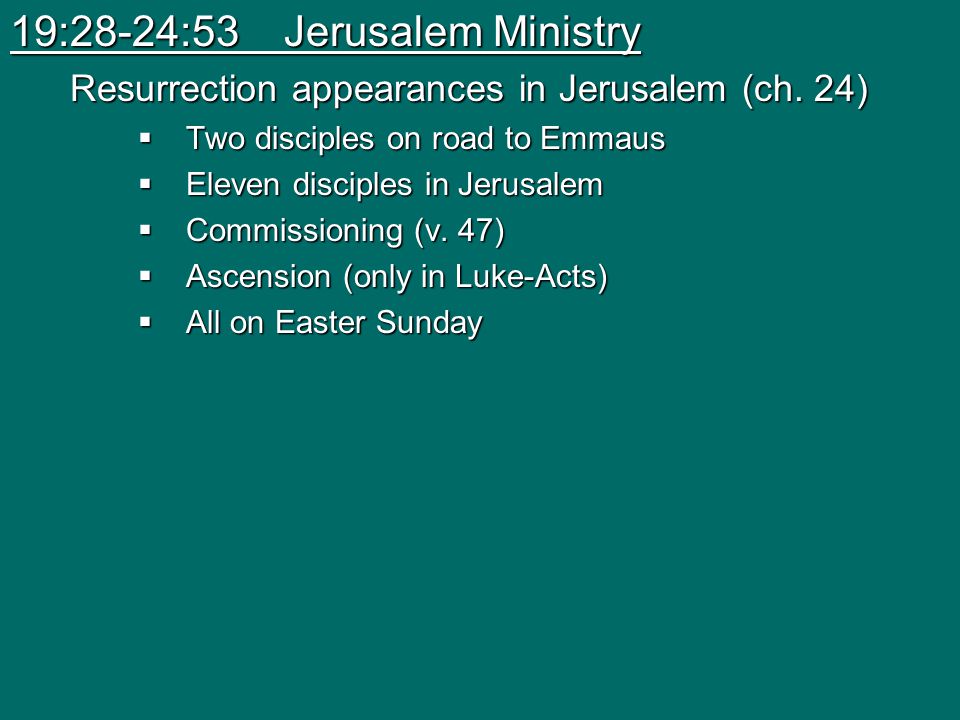 19:28-24:53 Jerusalem Ministry Resurrection appearances in Jerusalem (ch.
