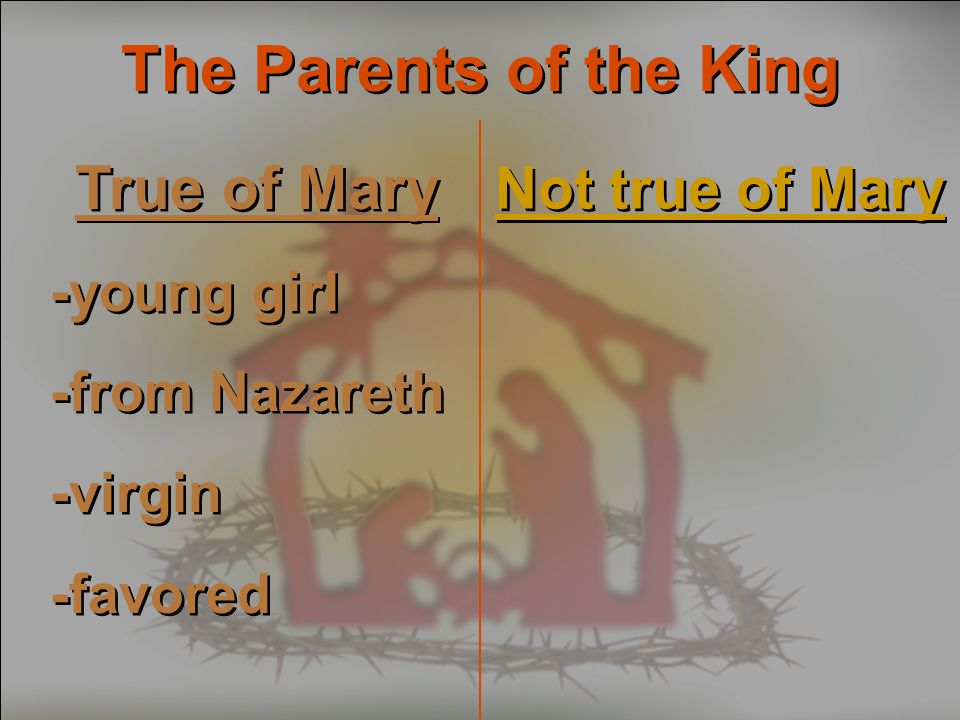 The Parents of the King True of Mary -young girl -from Nazareth -virgin -favored True of Mary -young girl -from Nazareth -virgin -favored Not true of Mary
