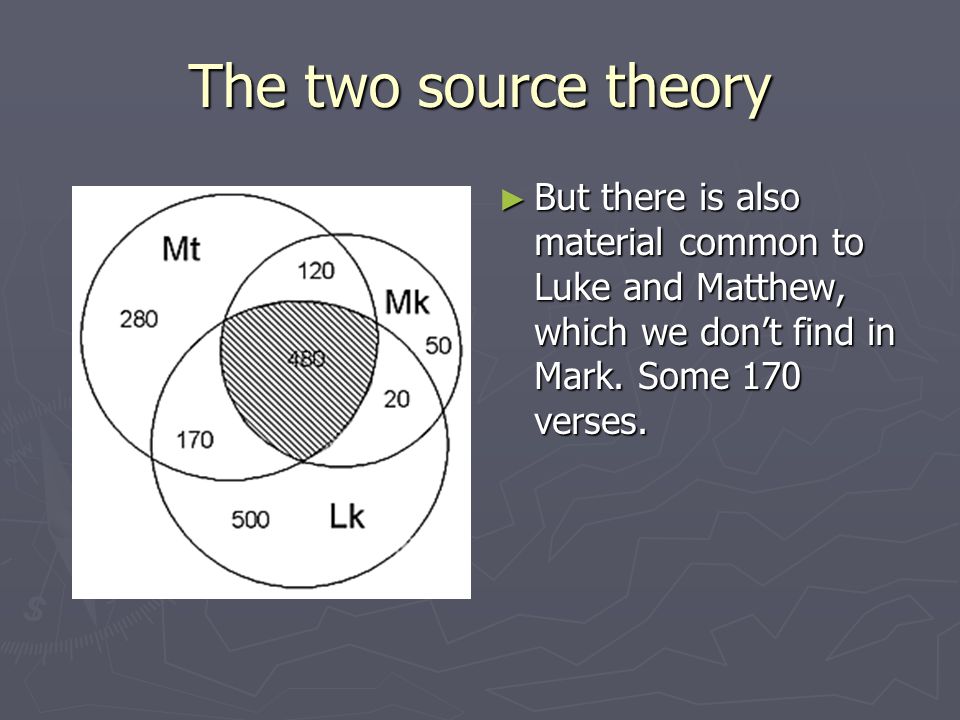 The two source theory ► But there is also material common to Luke and Matthew, which we don’t find in Mark.
