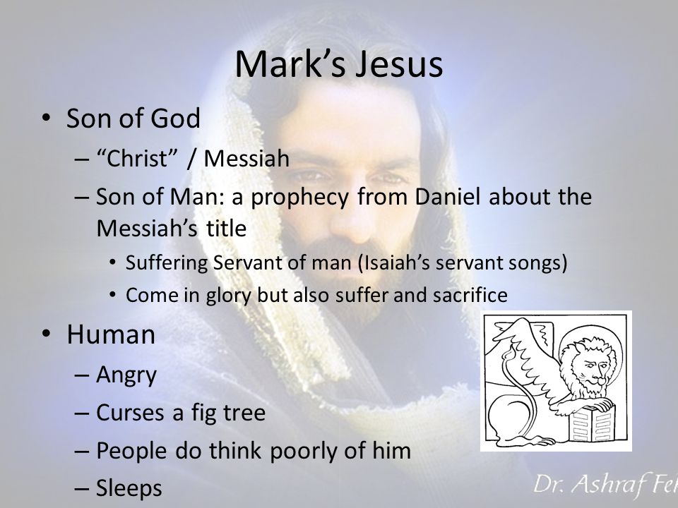 Mark’s Jesus Son of God – Christ / Messiah – Son of Man: a prophecy from Daniel about the Messiah’s title Suffering Servant of man (Isaiah’s servant songs) Come in glory but also suffer and sacrifice Human – Angry – Curses a fig tree – People do think poorly of him – Sleeps