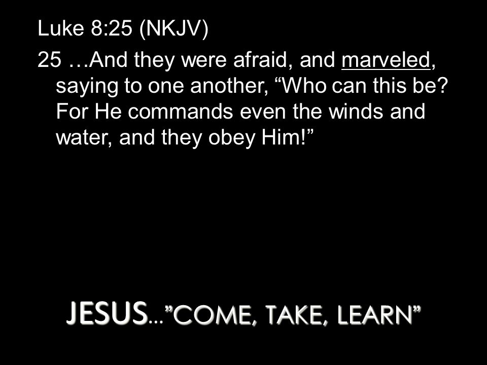JESUS COME, TAKE, LEARN JESUS … COME, TAKE, LEARN Luke 8:25 (NKJV) 25 …And they were afraid, and marveled, saying to one another, Who can this be.