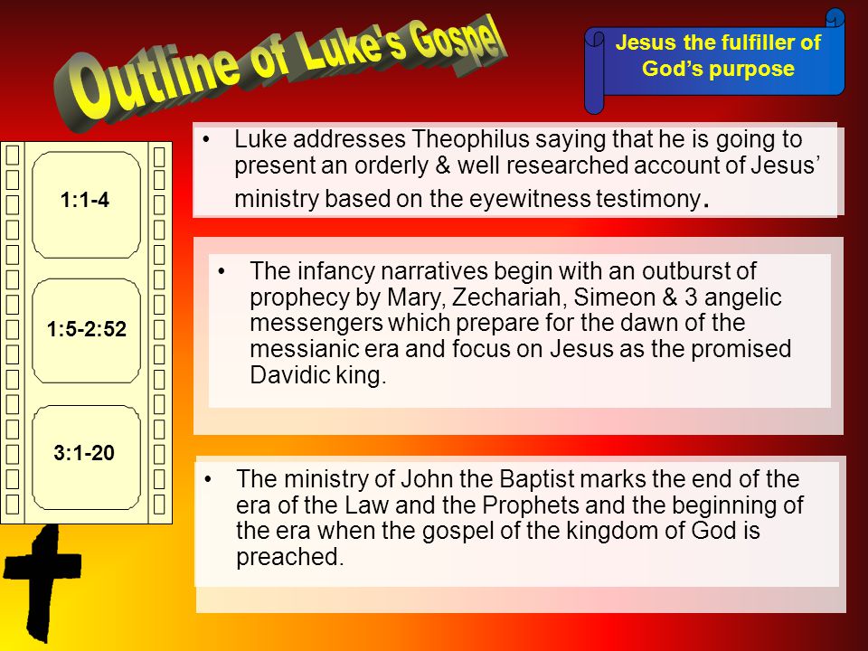 Jesus the fulfiller of God’s purpose 1:1-4 1:5-2:52 3:1-20 Luke addresses Theophilus saying that he is going to present an orderly & well researched account of Jesus’ ministry based on the eyewitness testimony.