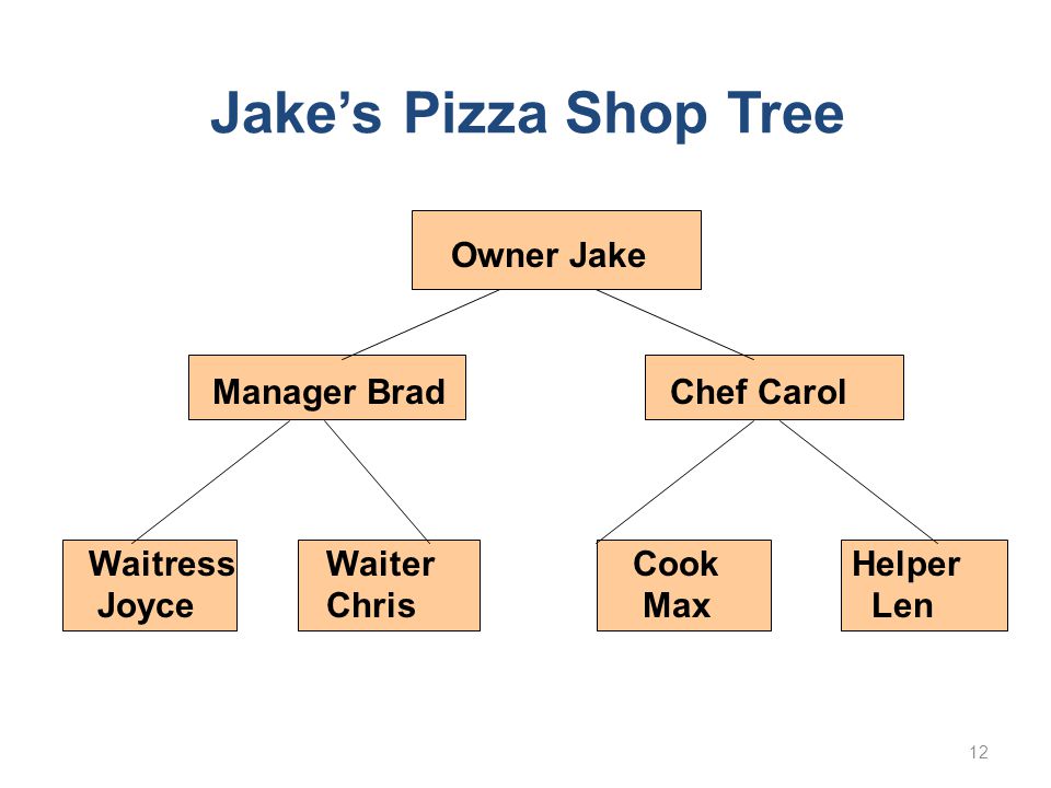 12 Jake’s Pizza Shop Tree Owner Jake Manager Brad Chef Carol WaitressWaiter Cook Helper Joyce Chris Max Len