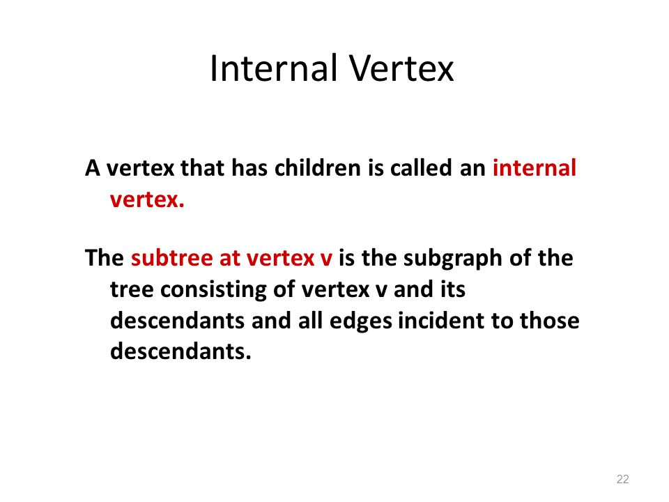 Internal Vertex A vertex that has children is called an internal vertex.