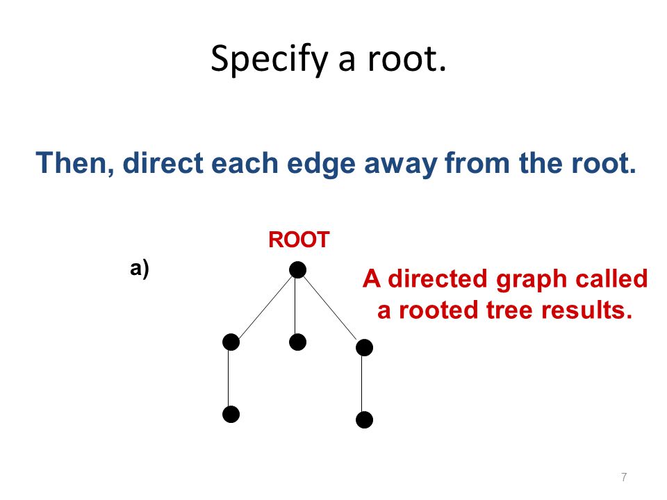 Specify a root. 7 a) ROOT Then, direct each edge away from the root.