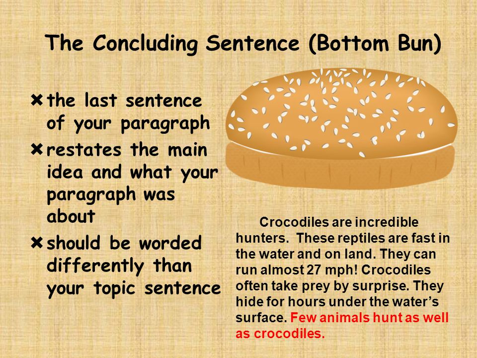 Elaboration Details (Cheese, Lettuce,Tomato )  follow up your supporting sentences with details and examples Crocodiles are incredible hunters.