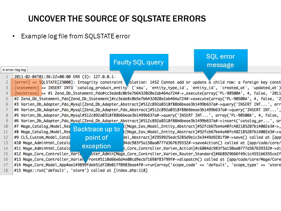UNCOVER THE SOURCE OF SQLSTATE ERRORS Example log file from SQLSTATE error SQL error message Faulty SQL query Backtrace up to point of exception