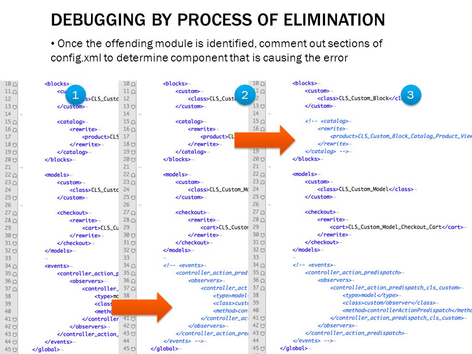 DEBUGGING BY PROCESS OF ELIMINATION Once the offending module is identified, comment out sections of config.xml to determine component that is causing the error