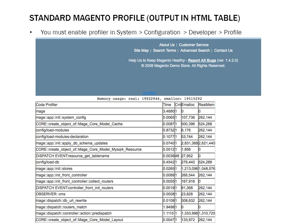 STANDARD MAGENTO PROFILE (OUTPUT IN HTML TABLE) You must enable profiler in System > Configuration > Developer > Profile