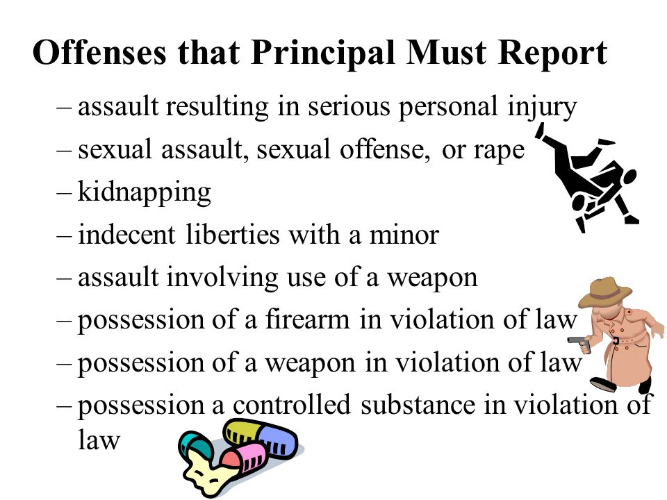 Offenses that Principal Must Report –assault resulting in serious personal injury –sexual assault, sexual offense, or rape –kidnapping –indecent liberties with a minor –assault involving use of a weapon –possession of a firearm in violation of law –possession of a weapon in violation of law –possession a controlled substance in violation of law