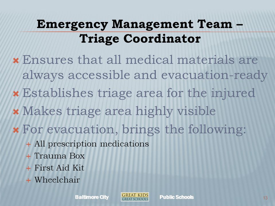 Baltimore City Public Schools Emergency Management Team – Triage Coordinator  Ensures that all medical materials are always accessible and evacuation-ready  Establishes triage area for the injured  Makes triage area highly visible  For evacuation, brings the following:  All prescription medications  Trauma Box  First Aid Kit  Wheelchair 13