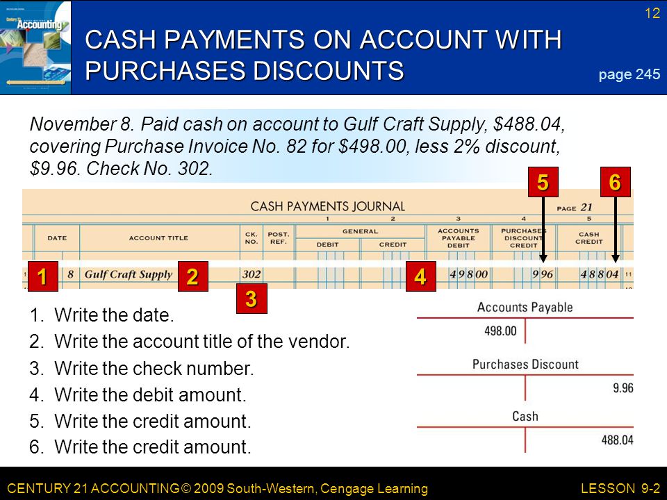 CENTURY 21 ACCOUNTING © 2009 South-Western, Cengage Learning 12 LESSON 9-2 CASH PAYMENTS ON ACCOUNT WITH PURCHASES DISCOUNTS page 245 November 8.