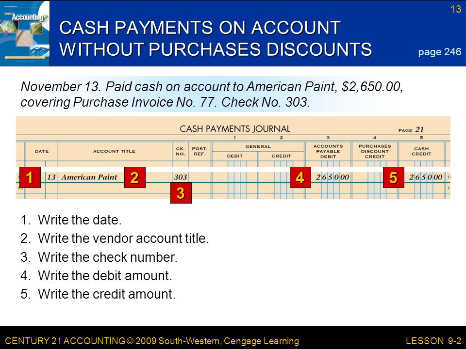 CENTURY 21 ACCOUNTING © 2009 South-Western, Cengage Learning 13 LESSON 9-2 CASH PAYMENTS ON ACCOUNT WITHOUT PURCHASES DISCOUNTS page 246 November 13.