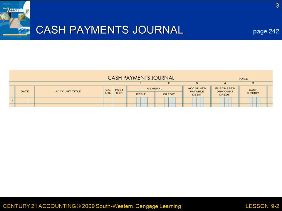 CENTURY 21 ACCOUNTING © 2009 South-Western, Cengage Learning 3 LESSON 9-2 CASH PAYMENTS JOURNAL page 242