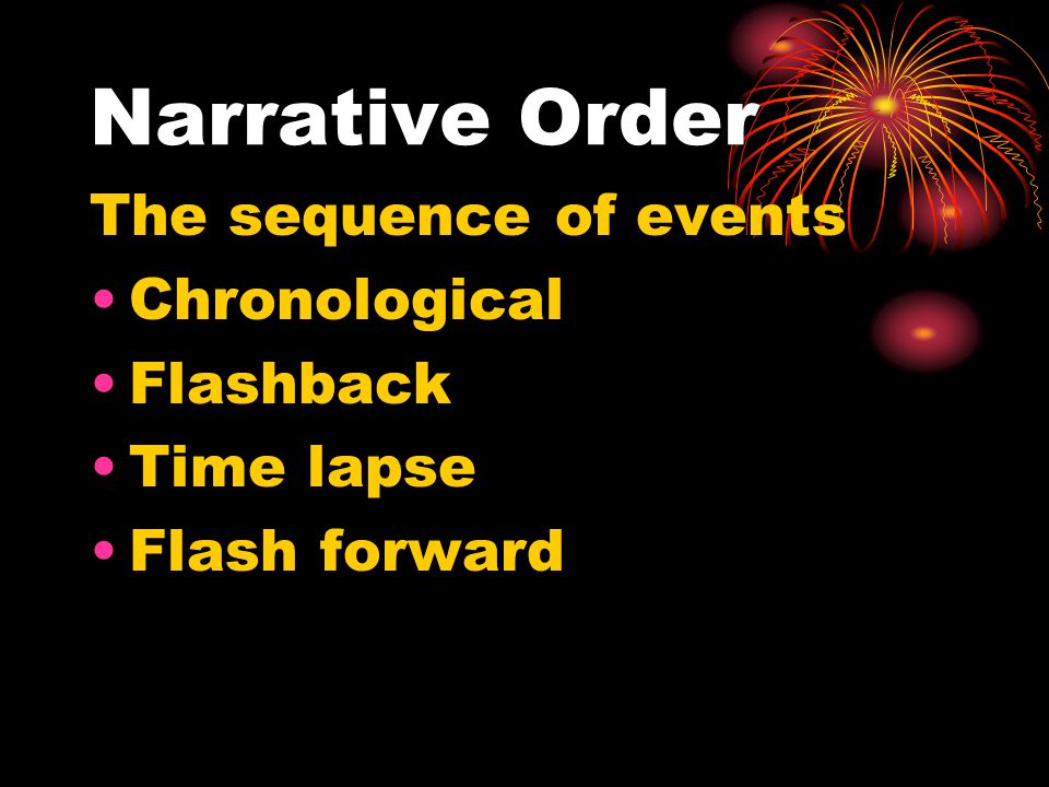 Narrative Order The sequence of events Chronological Flashback Time lapse Flash forward