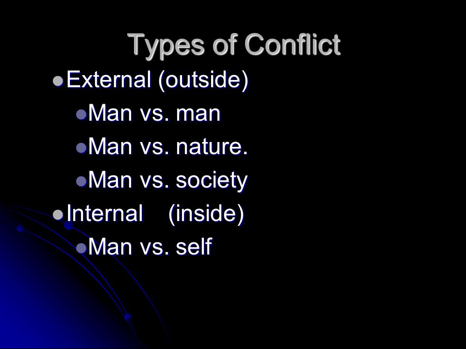 Types of Conflict External (outside) External (outside) Man vs.