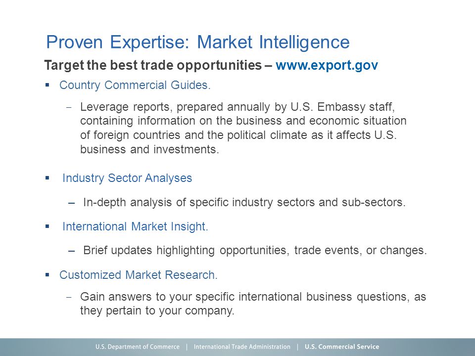 Proven Expertise: Market Intelligence  Country Commercial Guides.