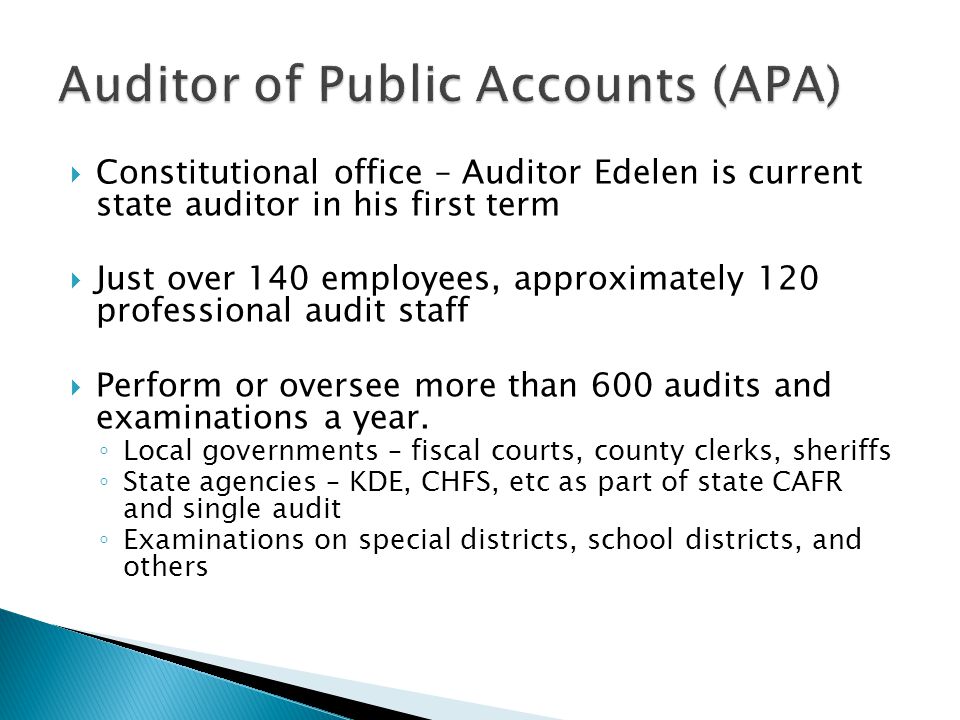  Constitutional office – Auditor Edelen is current state auditor in his first term  Just over 140 employees, approximately 120 professional audit staff  Perform or oversee more than 600 audits and examinations a year.
