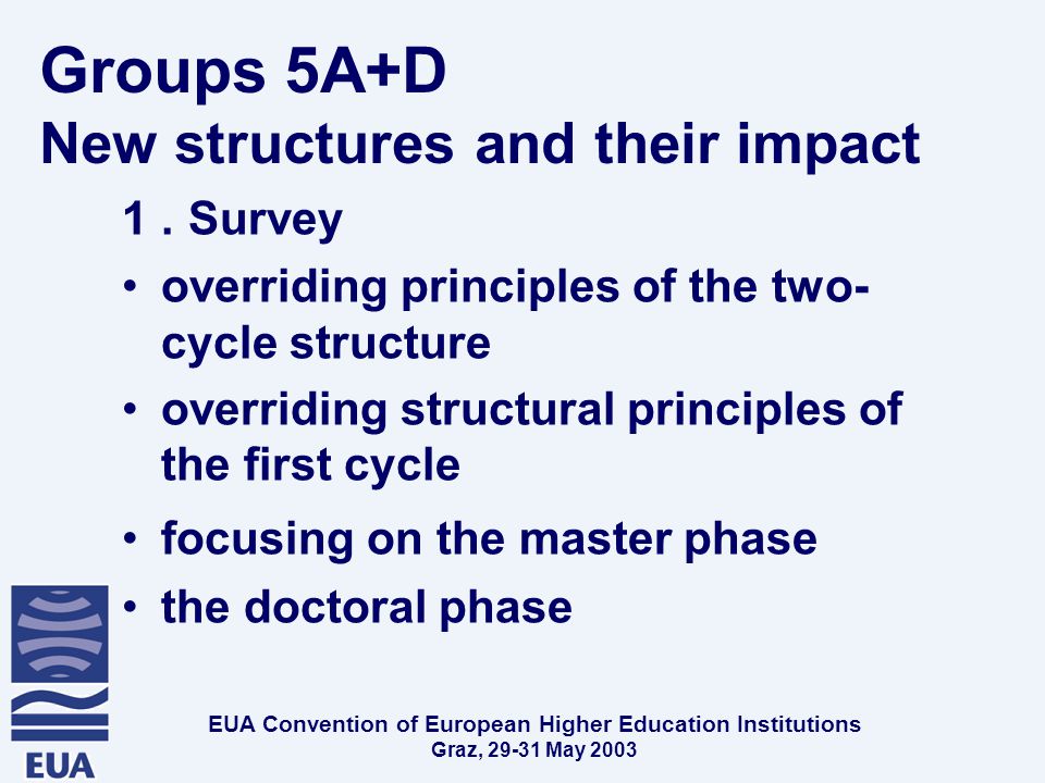 EUA Convention of European Higher Education Institutions Graz, May 2003 Groups 5A+D New structures and their impact 1.