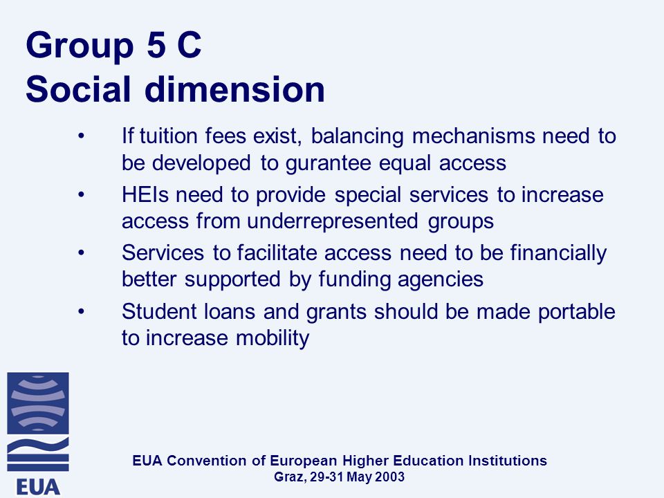 EUA Convention of European Higher Education Institutions Graz, May 2003 Group 5 C Social dimension If tuition fees exist, balancing mechanisms need to be developed to gurantee equal access HEIs need to provide special services to increase access from underrepresented groups Services to facilitate access need to be financially better supported by funding agencies Student loans and grants should be made portable to increase mobility